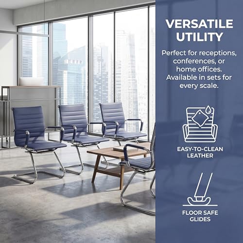 Image of Conference Room Chairs Set of 4, Office Guest Chair with Armrests, Faux Leather Upholstery & Metal Sled Base, Comfortable Meeting Room Chairs for Office /Reception /Conference, Navy Blue