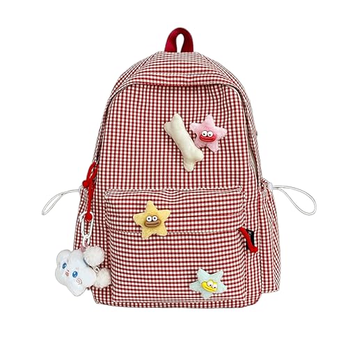 School Backpack for Girls Cute Checkered Backpack for Teen Kids Elementary Middle Bookbags with Y2K Star Decoration (Red)