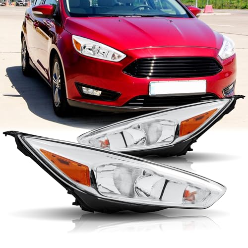 Headlights Assembly Compatible with 2015 2016 2017 2018 Ford Focus W/DRL Halogen Model Headlamp Replacement Chrome Housing Pair