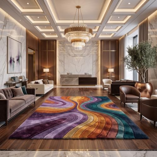 Image of Hand Tufted Premium Wool Multicolor Organic Curved Design, Carpet for Living Room, Bedroom, Office & Home Decor Size 12x18 Feet