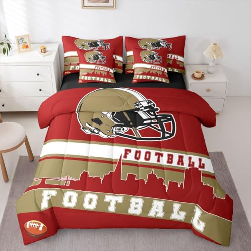 Erosebridal Football 7 Pcs Comforter Set Queen Football Fans Bedding for Men Footballs City Sheet Set Bed in A Bag Red Rugby Competition Room Decor Sports Ball Game Quilt