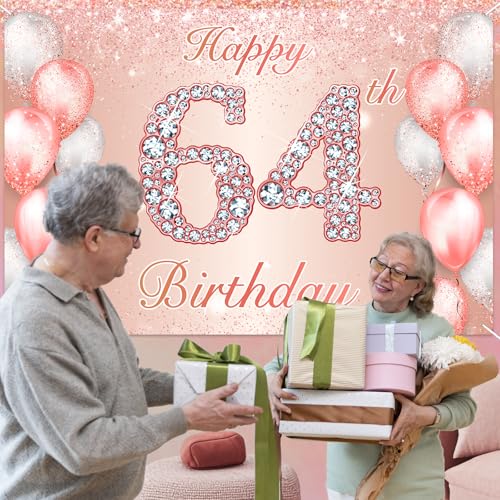 Image of Happy 64th Birthday Rose Gold Banner Cheers to 64 Years Old Backdrop Confetti Balloons Theme Decor for Women 64 Years Old Pink Birthday Party Decorations Bday Supplies Background Favors Gift Glitter