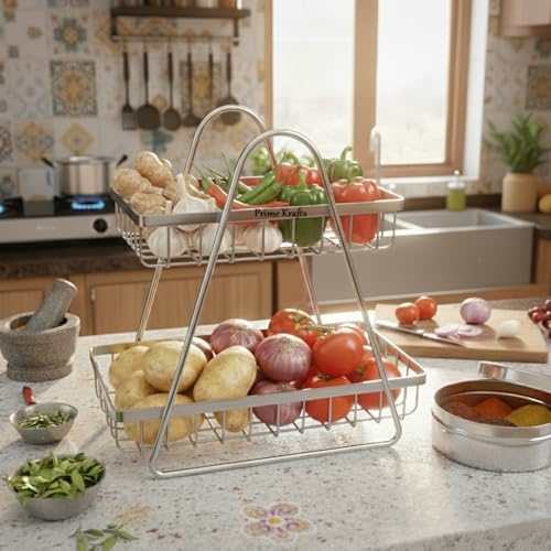 Image of 2 Tier Metal Fruit and Vegetables Basket with Handle|Fruit Vegetables Snacks and Bread Organizer for Kitchen, Dining Table, Livingroom|Bathroom Countertop Basket Stand - Silver