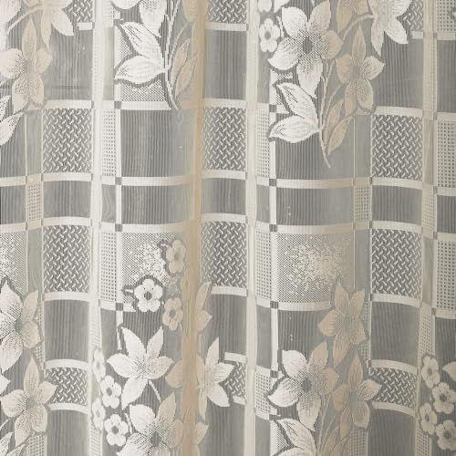 Image of Net Box Flower Design Curtains for Window, Door | Long Door | Pooja Room, Drawing Room 4x5 feet Long Set of 3 Pcs, Cream