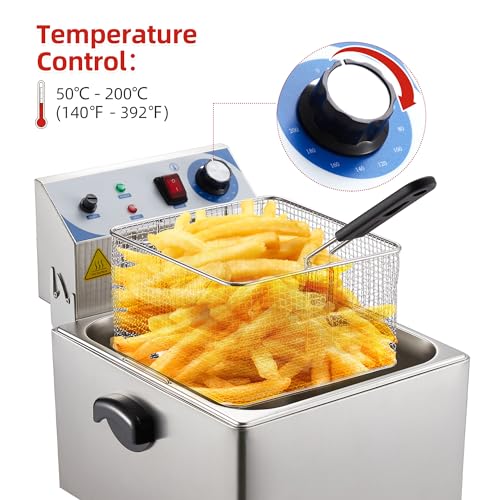 PULLAFUN Commercial Deep Fryer Countertop Stainless Steel 11L Electric Deep Fryer with Temperature Control Single Large Tank French Fries Restaurant Home Kitchen