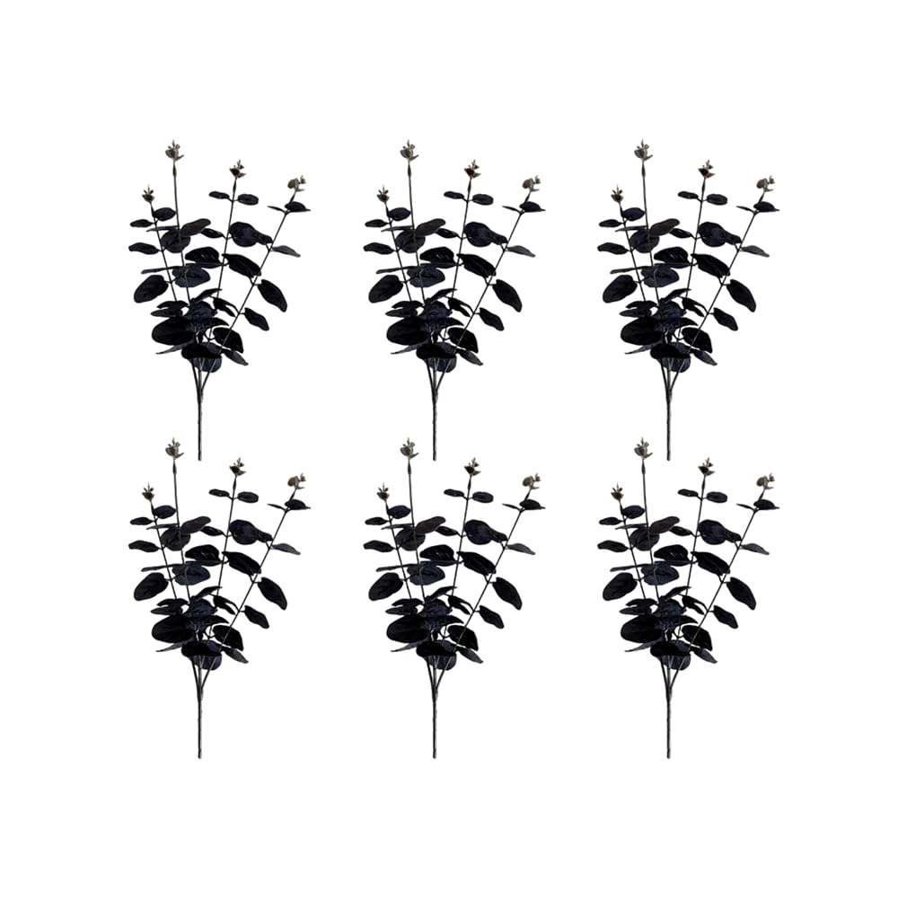 Wound Black 6 Bunches Artificial Flowers Eucalyptus Stems 13" Faux Silk Eucalyptuses Leaves Branches Bouquet Plastic Bouquet,For Home Wedding Party Decor Halloween Tables Centerpieces,