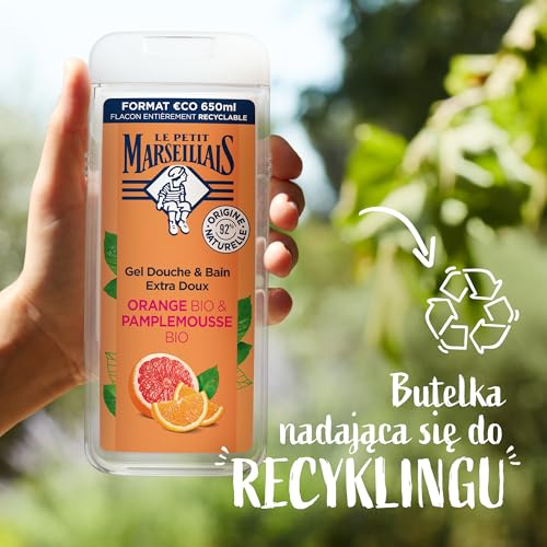 Le Petit Marseillais - Gel Douche & Bain Extra Doux Orange Bio & Pamplemousse Bio (flacon de 650 ml) – 92% d'ingrédients d'origine naturelle – pH neutre pour la peau et sans colorant