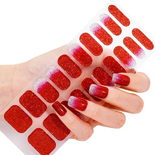Makartt Semi Cured Gel Nail Strips Gel Nail Polish Sticker Gel Nail Stickers Glossy Full Nail Wraps for Women with Nail File, Nail Wipe and Wood Stick Easy & Quick Nail Art 20 Strips（Red Glitter）