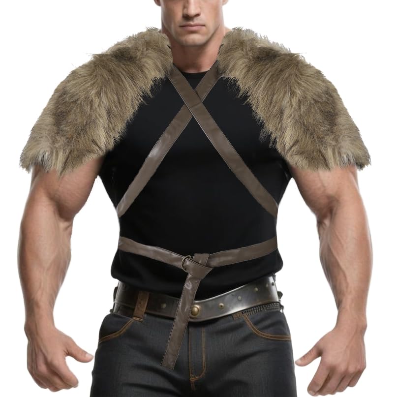 Qchomee Men Viking Faux Fur Shawl with Belt Medieval Mantle Warrior Knight Shoulder Wrap Fancy Dress Up Retro Short Cape Collar Barbarian Costume for Halloween LARP Cosplay (Brown, One Size)