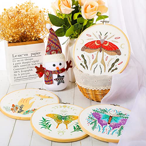 4 Set Moth Embroidery Kit For Beginners Adults Moth And Moon Cross Stitch Cloth Diy Needlepoint Kits With Patterns And Instructions, Embroidery Hoops, Colored Threads, Needles And Needle Threader #TOP5