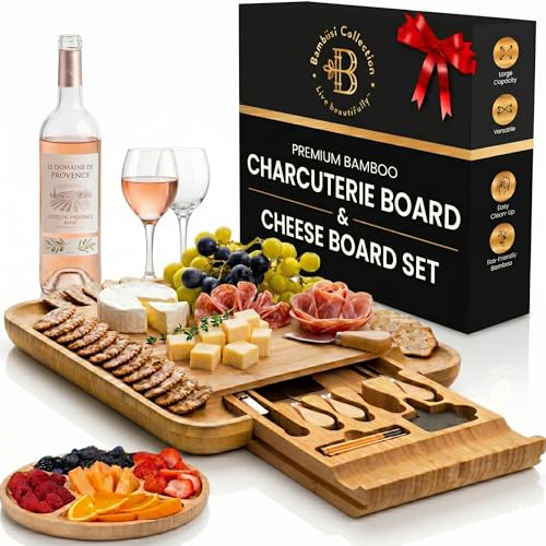 Charcuterie Boards Gift Set - Bambusi Bamboo Cheese Board Set with Serving Tray, Knives and Bowls, Meat and Cheese Platter for Hosting, for Mom, Wedding, Housewarming, Birthday Gift