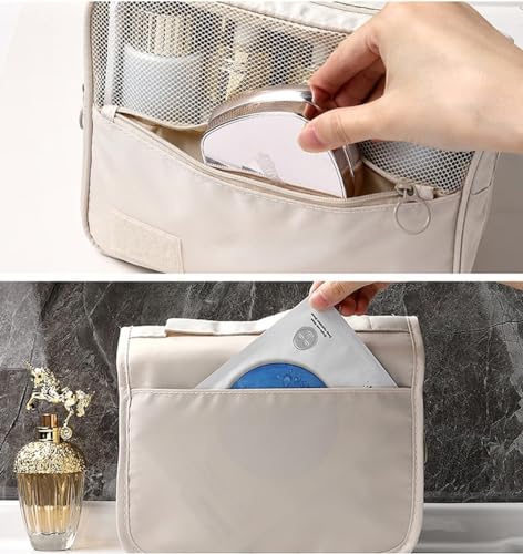 Image of CAVALO - Be Unique Nylon Polyester Large Capacity Portable Travel Toiletry Bag with Hanging Hook Waterproof Cosmetic Case Makeup Pouch Dopp Kit for Men Women with Carry Handle (Beige)