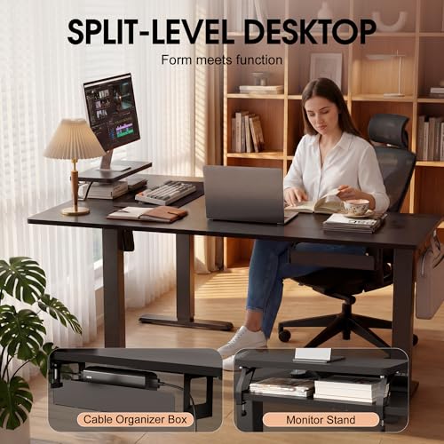Image of Furmax 63 x 47 Inch L Shaped Standing Desk with 2 Preset Heights, Electric Height Adjustable Computer Desk, Corner Sit Stand Desk for Home Office, 2 Hooks & Feet Balance (Black, 63 x 47 Inch)