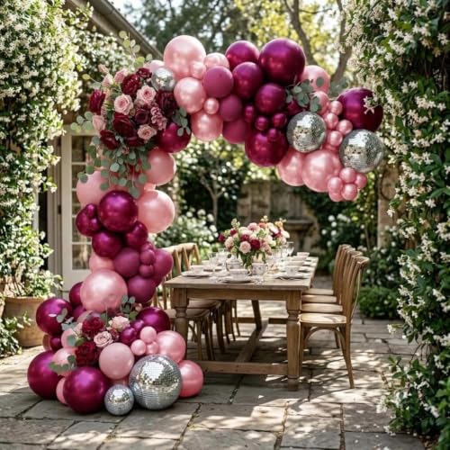 Image of Purple Pink Balloon Arch Double Stuffed Burgungy Pink Pearl Balloons Plum Silver Disco Balloon Garland for Birthday Prom Bridal Shower Mother's Day Wedding Music Theme Party Decoration