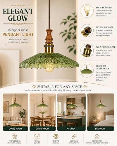 Image of Homesake Botanica Pendant Lamp | Petal Scalloped Glass Hanging Light with Solid Wood Top | Vintage European Ceiling Fixture, Pendant Light for Home Decor, Hallway, Kitchen & Balcony, (Ripple, Green)