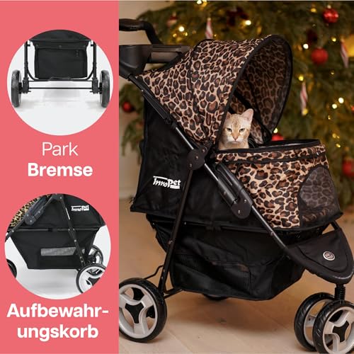 Hundebuggy Katzenbuggy für Reisen - Innopet Allure Cheetah – exklusiver Hundewagen mit Leopardenmuster, einhändig faltbar, mit Aufbewahrungskorb, 2 Sicherheitsleinen, pannensichere Räder – Hundewagen