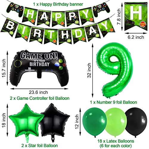 9Th Video Game Birthday Party Set Include Happy Birthday Banner Video Game Balloons Controller Balloons Green Black Stars Aluminum Foil Balloons Kit Decorations… #TOP1