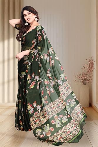 Image of SUPERLAXMI Women's Chiffon Floral Printed Saree with Blouse Piece