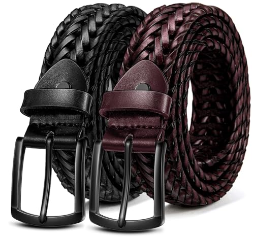 BULLIANT Gürtel Herren 2er Pack,Geflochtener Geflochtener Ledergürtel für Herren Golf Casual Jeans 3,5 cm(Schwarz/Weinrot,105cm/30-34' taille verstellbar)