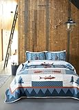 Soul & Lane True North Fish Quilt Set - Queen Size with 2 Shams, Rustic Cabin Bedding with Wildlife and Outdoor Nature Theme, Lodge Quilted Bedspread with Moose and Duck for Lake House & Hunting Decor
