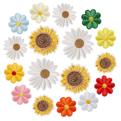 17 Stück Bügelpatch Blumen, Gänseblümchen Aufnäher zum Aufbügeln Sonnenblumen Patches zum Aufnähen Flicken Kinder Blume Aufbügelflicken für...