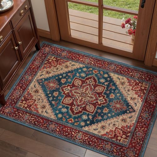 Image of Tangsoo Oriental 2x3 Washable Rugs for Entryway Non Slip Small Rug Red Blue