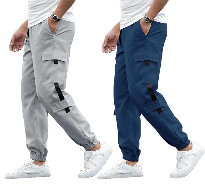 riksaw Men's Cargo Polyester Pants for Men || Regular Fit Mid Rise Cargo Joggers Solid Pants (Pack of 2) (PCG_04 Combo)-picture-48