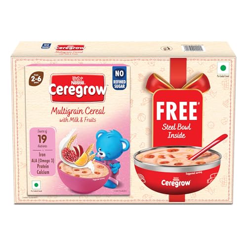 Image of CEREGROW with NO Refined Sugar, Multigrain Cereal with Milk & Fruits, Source of 19 Nutrients (Iron, Omega 3, Protein, Calcium), Free Steel Bowl, 300g, Bag-in-Box Pack