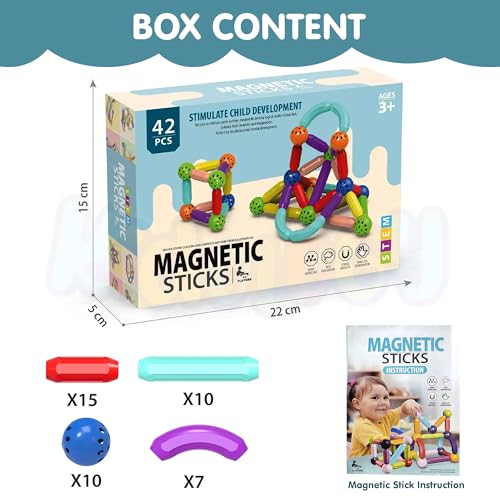 Image of Kidology Magnetic Building Blocks Toys | Playing Stacking Game Magnetic Sticks & Balls for Kids Toy | Magnet Construction Build Kit Preschool Learning Educational Toys 3D Puzzle (42 Pieces)