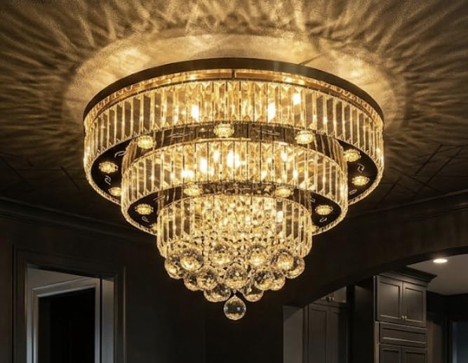 Image of Sanleen Round Shape Crystal LED Chandelier with Bluetooth Speaker | Multicolour Modern Ceiling Light | Luxury Crystal Hanging Lamp for Living Room Bedroom Dining Room Hall & Home Lighting Fixture