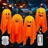 FHzytg 4 Stück Leuchtende Halloween Geister - Hängende Windsäcke Mit Geistergesicht für Indoor Outdoor Deko an Vorgarten, Baum, Terrasse und Tür