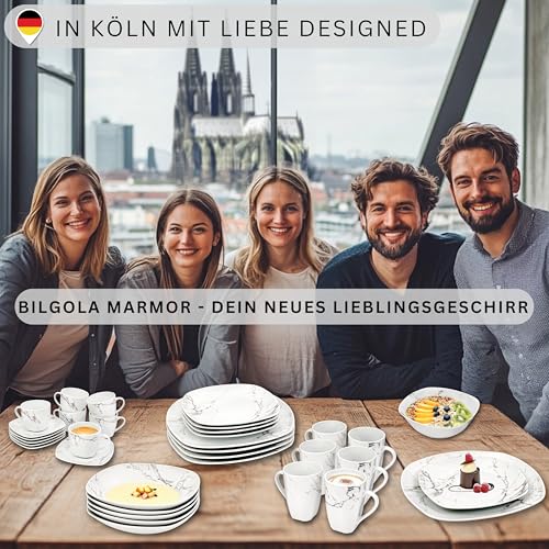 SÄNGER | Tafelservice Bilgola Marmor Weiß, 18-teiliges Geschirrset für 6 Personen mit Suppen-, Dessert- & Speisetellern aus Porzellan, Teller Set, Essgeschirr, Eckig | PREMIUM COLLECTION