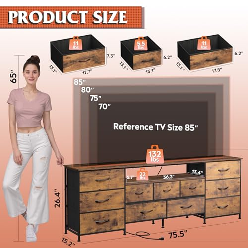Image of WLIVE 75.5 inch TV Stand for 65, 75, 80, 85 Inch TV, Dresser for Bedroom with Power Outlets & LED Lights, 11 Drawer Fabric Dresser with Open Shelves, Entertainment Center with Storage, Rustic Brown