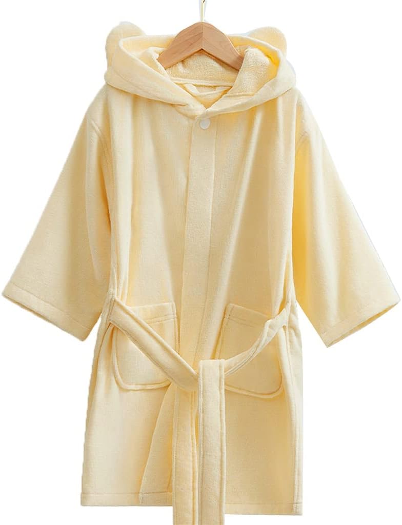 XUEMML Girls Robe,bathrobe With Hood，Cute & Towel Hooded Robe With Belt For Girls， Comfortable Loungewear (Color : Yellow, Size : 4-5years)