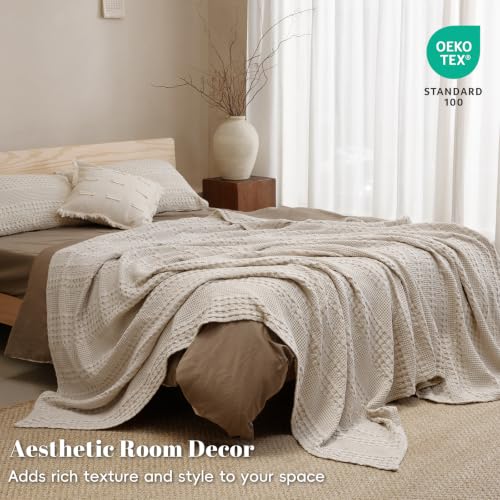 Image of PHF 100% Cotton Waffle Blanket Twin Size for College Dorm, Lightweight Breathable and Soft for Summer, Luxury Aesthetic Waffle Weave Blanket for Bed & Gifts for Women, 66 inchx90 inch, Light Taupe /Oatmeal