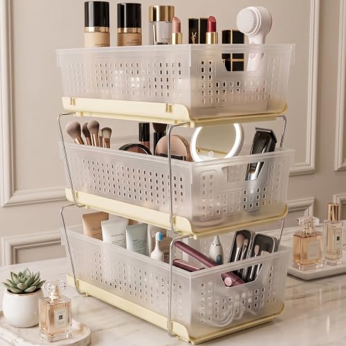 Image of TEX-RO Stackable Storage Baskets Organizer - 3 Tier Multipurpose Plastic Storage Rack with Stainless Steel Support Rods for Bathroom, Vanity, Wardrobe & Under Sink Storage (Clear /Beige)