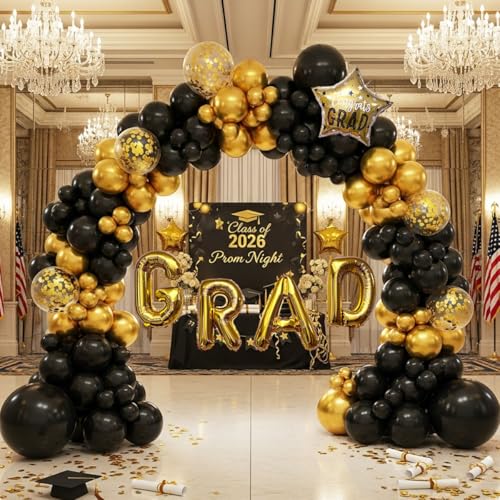 Image of Graduation Balloon Arch Kit - 115Pcs Black Gold Graduation Balloon Garland with GRAD Letters and Star Foil Balloons for Class of 2026 Grad Prom Party Decor