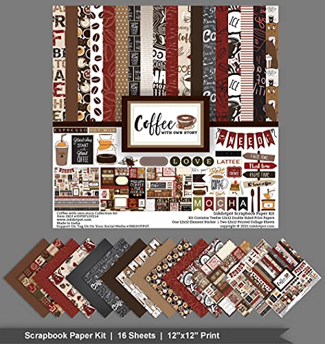 Inkdotpot Coffee Theme Collection Double-Sided Scrapbook Paper Kit Cardstock 12"X12" Card Making Paper Pack With Sticker Sheet - 16 Pages - Brown & Black #TOP2