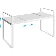 iPEGTOP Expandable Cabinet Storage Shelf Organizer Rack, Heavy Duty Steel Metal Spice Rack Adjustable Height Home Office Pantry Shelf Space for Counter Kitchen Organization, White, Medium