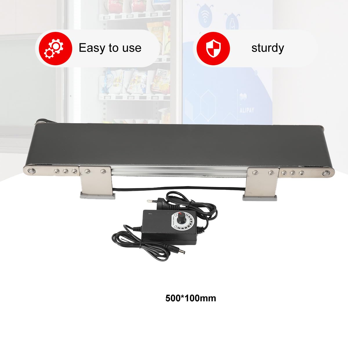 Mini-Förderautomat, Desktop Förderband mit Einstellbarer Stromadapter, 100 * 490mm Förderer Edelstahlhalterung, Automatischer Förderanlage Fördergurt, für Reibung Experiment Lehrmittel