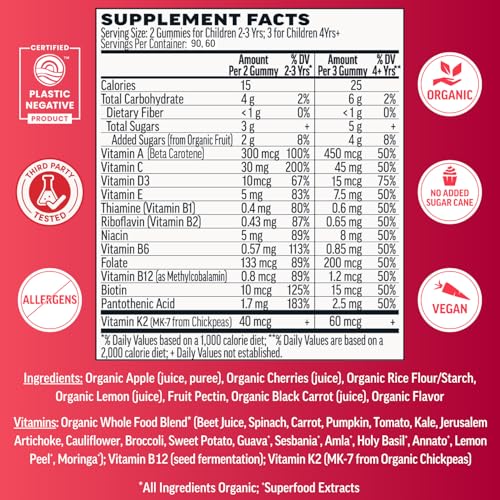 Image of Llama Naturals Kids Multivitamin Gummies | Real Fruit, No Added Sugar Cane | Organic Vegan Toddler Whole Food Vitamins | Vitamin D, C & Beta Carotene Gummy Supplement | Cherry 180 Ct (2-3 Months)