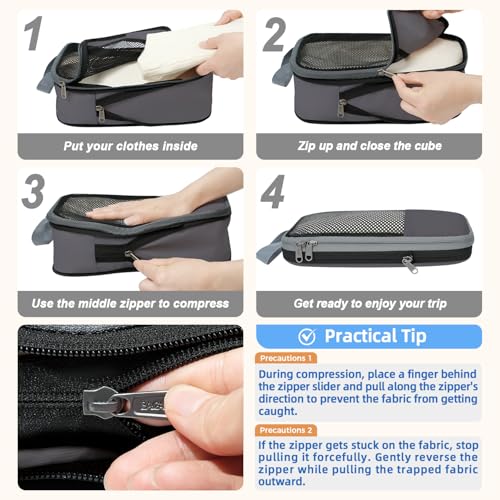 BAGAIL 4 Set/6 Set/8 Set Compression Packing Cubes Travel Accessories Expandable Packing Organizers (Half Mesh, 6-Dark Grey) - Thumbnail 4