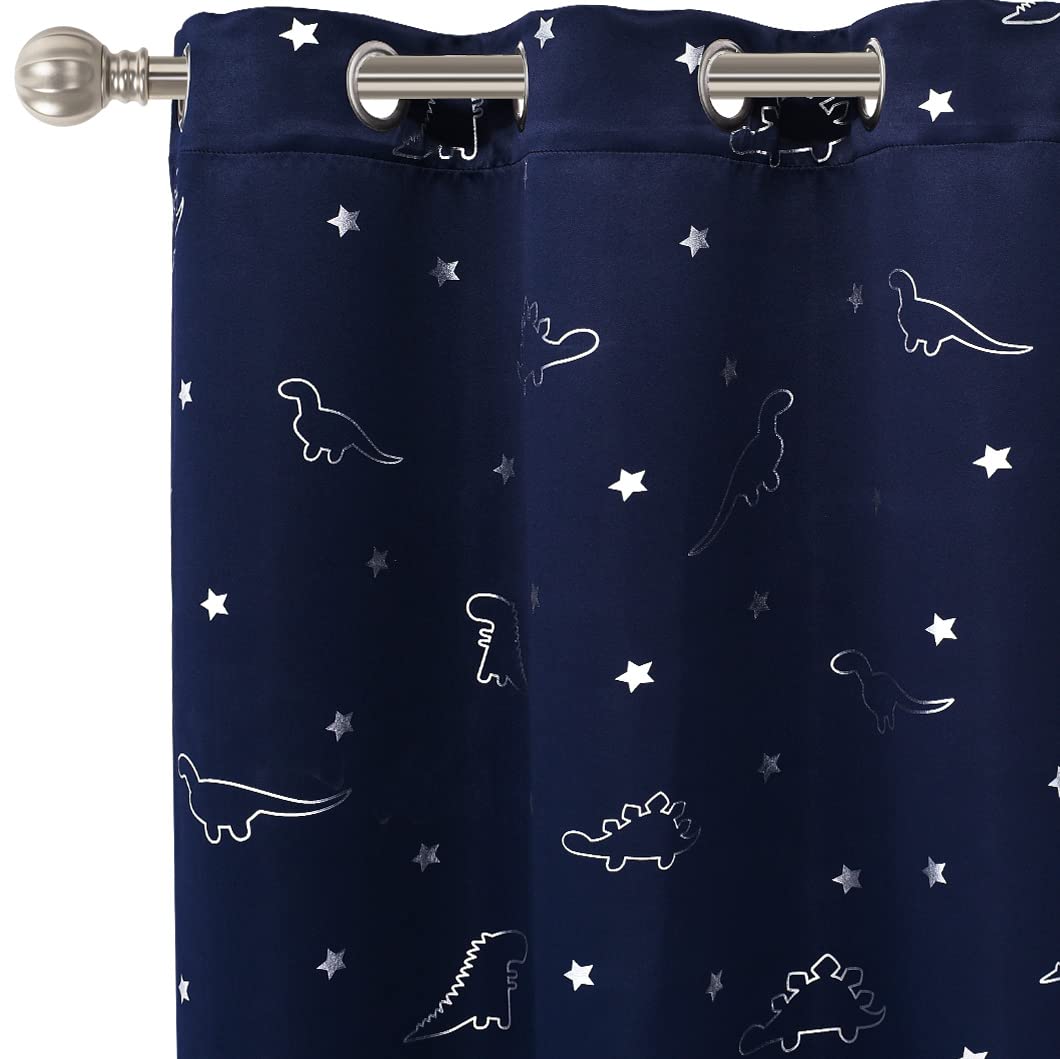 LORDTEX Dinosaur and Star Foil Print Blackout Curtains for Kids Room - Thermal Insulated Curtains Noise Reducing Window Drapes for Boys and Girls Bedroom, 42 x 63 Inch, Navy, Set of 2 Panels