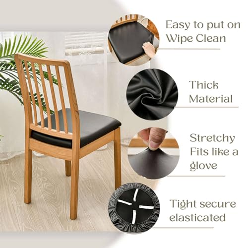 qiden Chair Seat Covers Set Of 2/4/6 PU Cushion Cover For Dining Chair Waterproof Chair Seat Slipcovers Parsons leather seat covers Seat Slipcover-Black-Pack of 6 (36-48cm) - Image 3