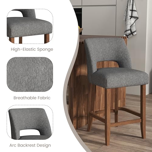 Image of VKNOW Bar Stools Set of 6, 26 inch Upholstered Counter Height Bar Stools, Modern Counter Stools with Wood Legs for Kitchen Island Dining Room Bar, Charcoal