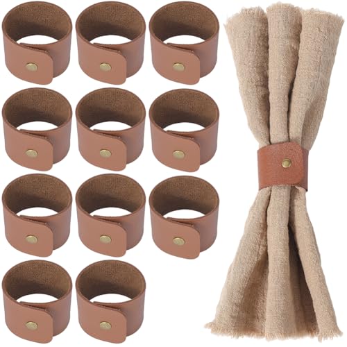 CALFOVERA 12 Rond de Serviette en Cuir PU Marron Porte Serviettes à Boucle Rustique Rond de Serviette en Cuir Vintage Décoration de Table Faite à la Main...