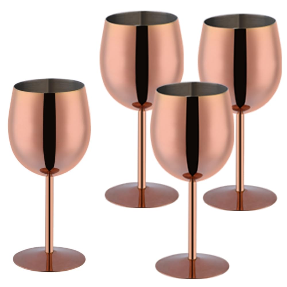 TEAHAHA Stainless Steel Wine Glasses Set of 4,350ml Fancy Unique Unbreakable Goblet Glass Set White Red Wine Stemmed Cocktail Glasses Metal Drink Champagne Goblet Party Wedding (Rose Gold)