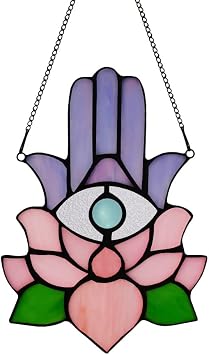 Hamsa Hand Decor Stained Glass Window Hangings,Lotus Flower Suncatchers for Windows Amulet Meditation Home Decor,Spiritual Gift for Women,Baptism Blessing Housewarming Gift