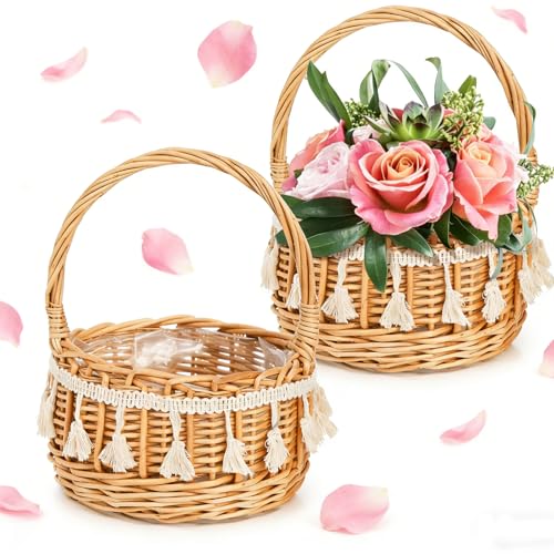 WRINGKIT 2 Pack Flower Girl Basket Small Wicker Basket with Silk Petals White Ribbon Plastic Liner Decorative Woven Willow Rattan Basket for Wedding Gifts Camping Home Decor