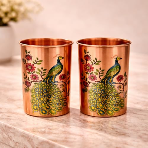 Image of JAIPUR ACE Pure Copper Water Bottle with Glass Set Peacock Design | 100% Copper Drinking Bottle Set I Ayurvedic Health Benefits Leak Proof Premium Designer Bottle Set for Home Office (Royal Peacock)